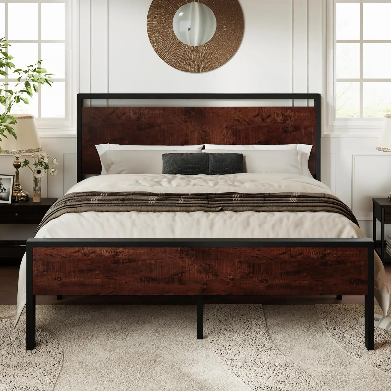 

Queen Size Platform Bed Frame with Wooden Headboard and Footboard, Heavy Duty 12 Metal Slats Support, No Box Spring Need