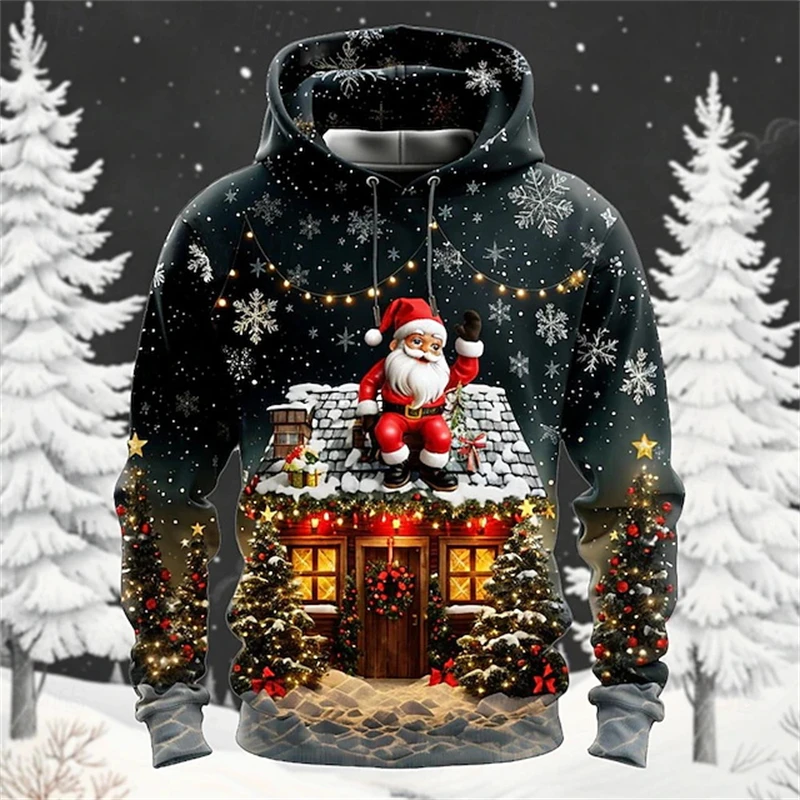 Christmas Hoodies Men Cool Santa Claus Graphic 3d Print Sweatshirt  Men Fall Winter Party Holiday Pullover Plus Size Streetwear