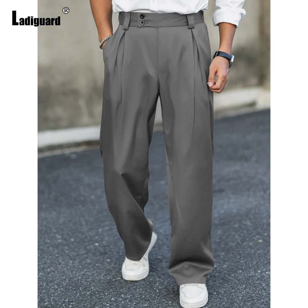 กางเกงขายาวทรงตรงสไตล์วินเทจสำหรับผู้ชายไซส์ใหญ่ Ladiguard สีเทาอ่อน ความยาวระดับข้อเท้า แฟชั่นคลาสสิก สไตล์เนเปิล กางเกงสูทพื้นฐาน รุ่นใหม่