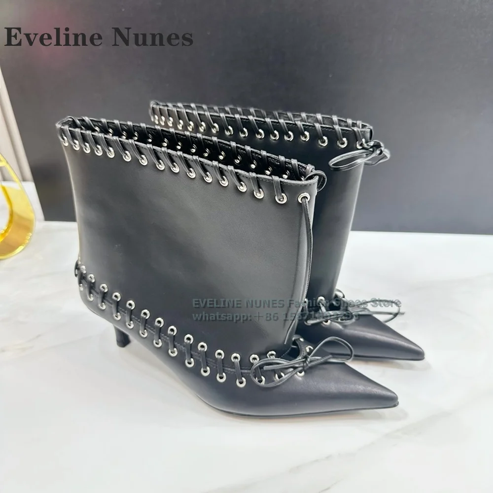 Black Eyelets and Whipstitching Ankle Boots Pointed Toe Rubber Kitten Heel Solid Fashion Modern Boot New Arrivals Street Style