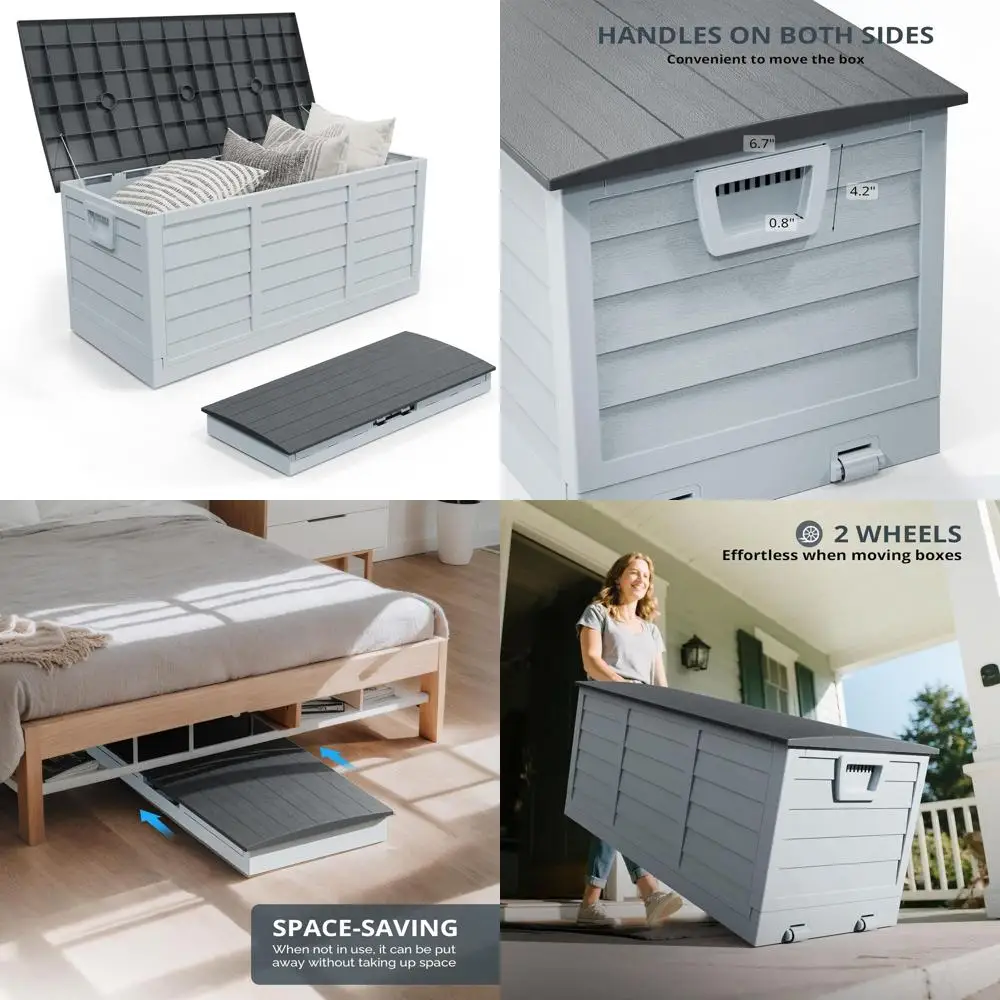 

Всепогодный уличный ящик для хранения объемом 75 галлонов с крышкой, подходит для патио, террасы, сада, бассейна и двора (серый)