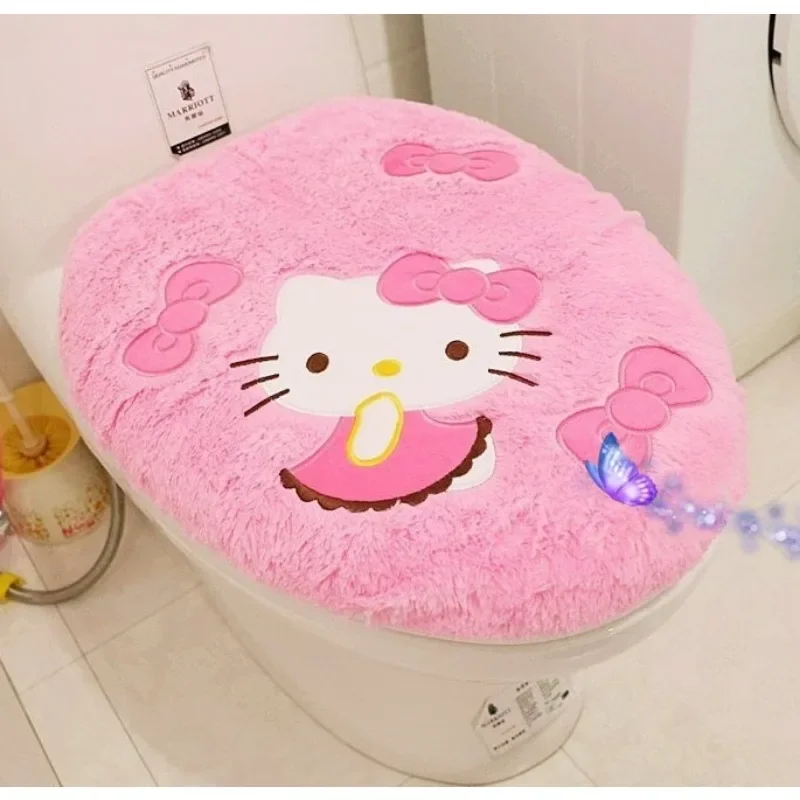 Sanrio Anime Hello Kitty Toilet Seat Cushion Three Pieces Set Restrooms Universal Winter Household Plush Toilet Seat Cover gift