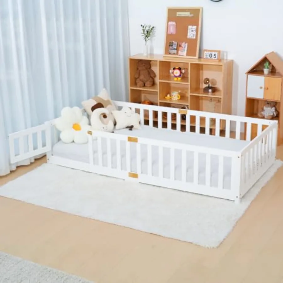 Twin Floor Bed for with Montessori Design Featuring Wooden Slats Integrated Door Storage and Sturdy Wood Frame Ideal for Toddle