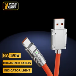 6A USB Type C 120W Fast Charging Cable Orange Blue Liquid Silica Gel Cable Zinc Alloy Joint For Xiaomi Huawei OPPO VIVO USB C