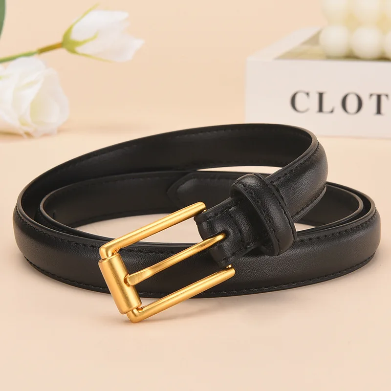 High Grade Antique Copper Needle Buckle Double-Sided Cowhide Thin Waistband Retro Women's Leather Simple Waist Coat Jeans Belt