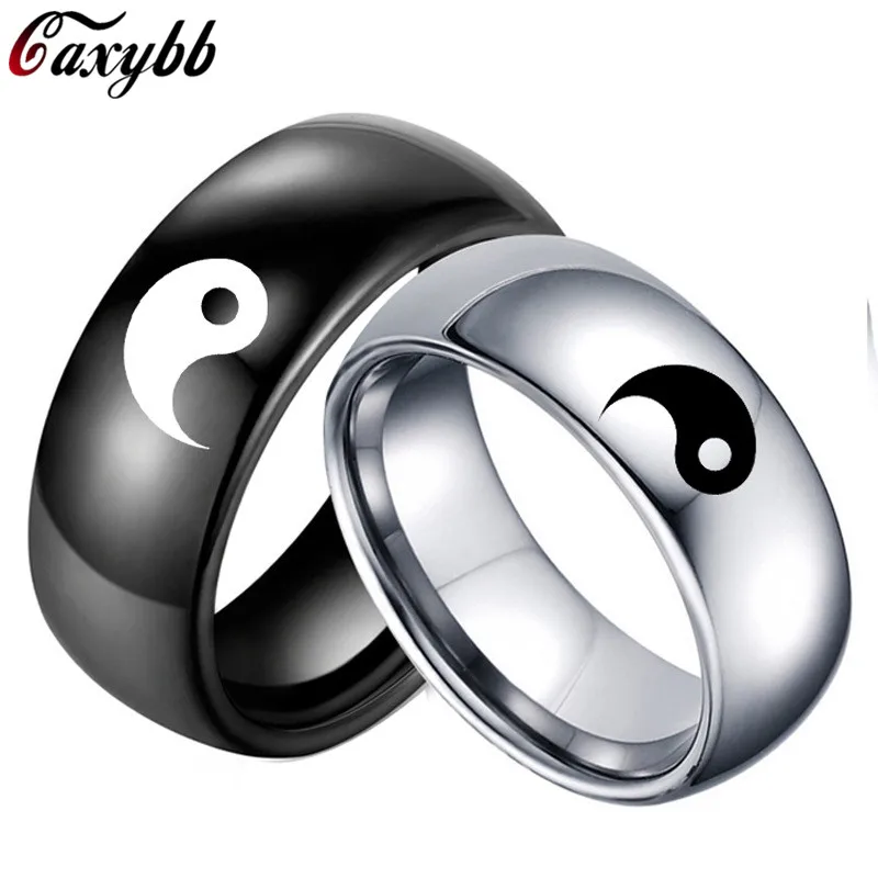 Fashion Chinese Style Black White Color Yin Yang Tai Chi Men Women Statement Couple Stainless Steel Ring