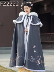 New Hanfu Chinese style cloak heavy industry embroidery long cape velvet thickened hooded coat with winter outside