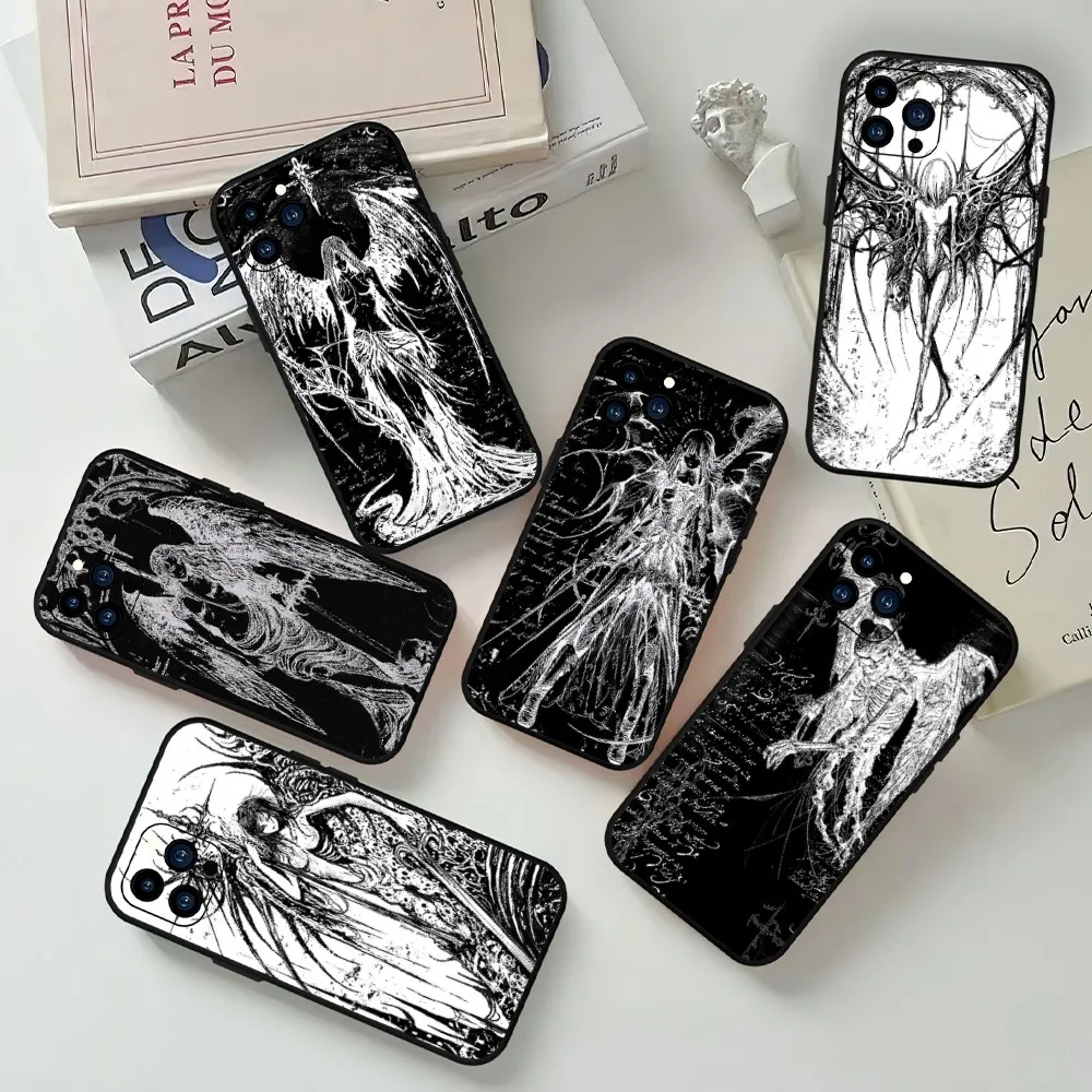 Bloodsacrifice Black Angel Death Demon Phone Case For iPhone Mini 11 12 13 14 15 Pro XS Max X Plus SE XR Black Soft Shell