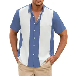 Camisa de empalme a rayas de negocios a la moda para hombres, camiseta de verano de manga corta de bolos con botones, informal y versátil Vintage