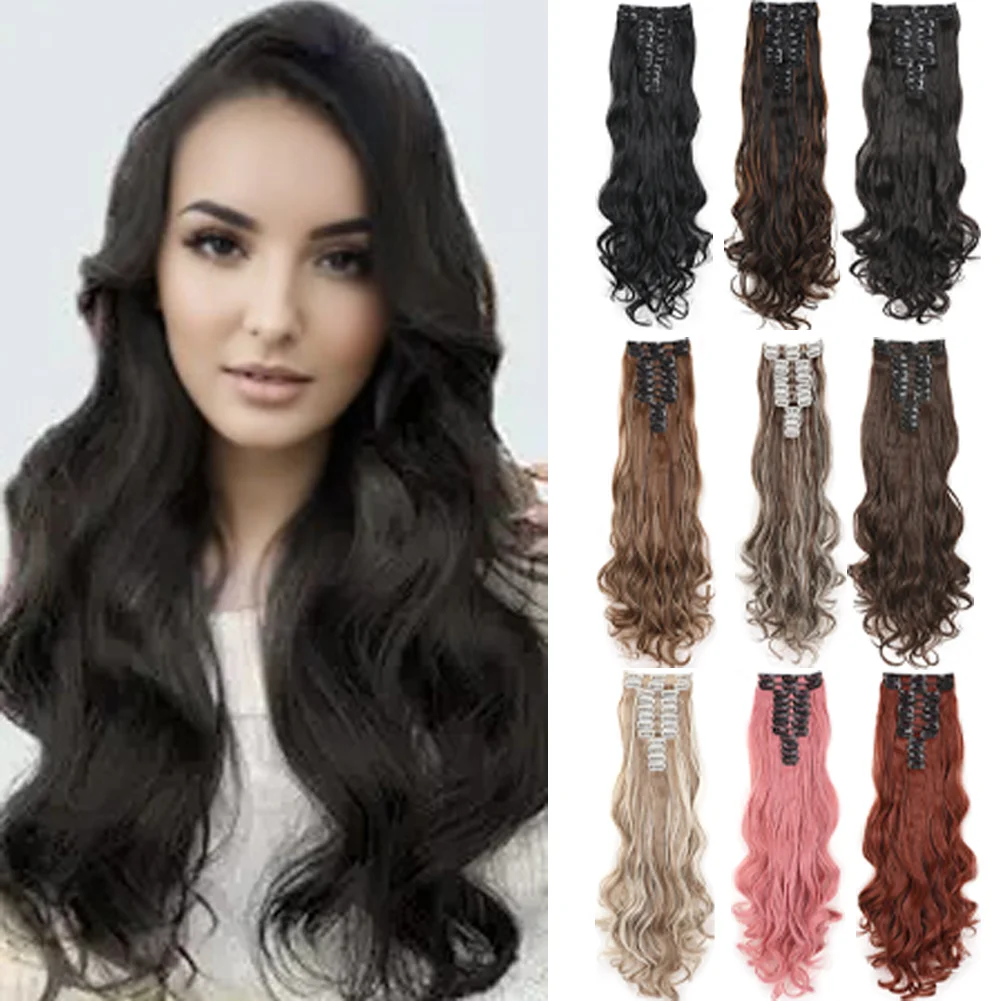 

24-дюймовая длинная объемная волна на заколке для наращивания волос, прическа, 12 шт./компл., синтетические черно-коричневые шиньоны для женщин