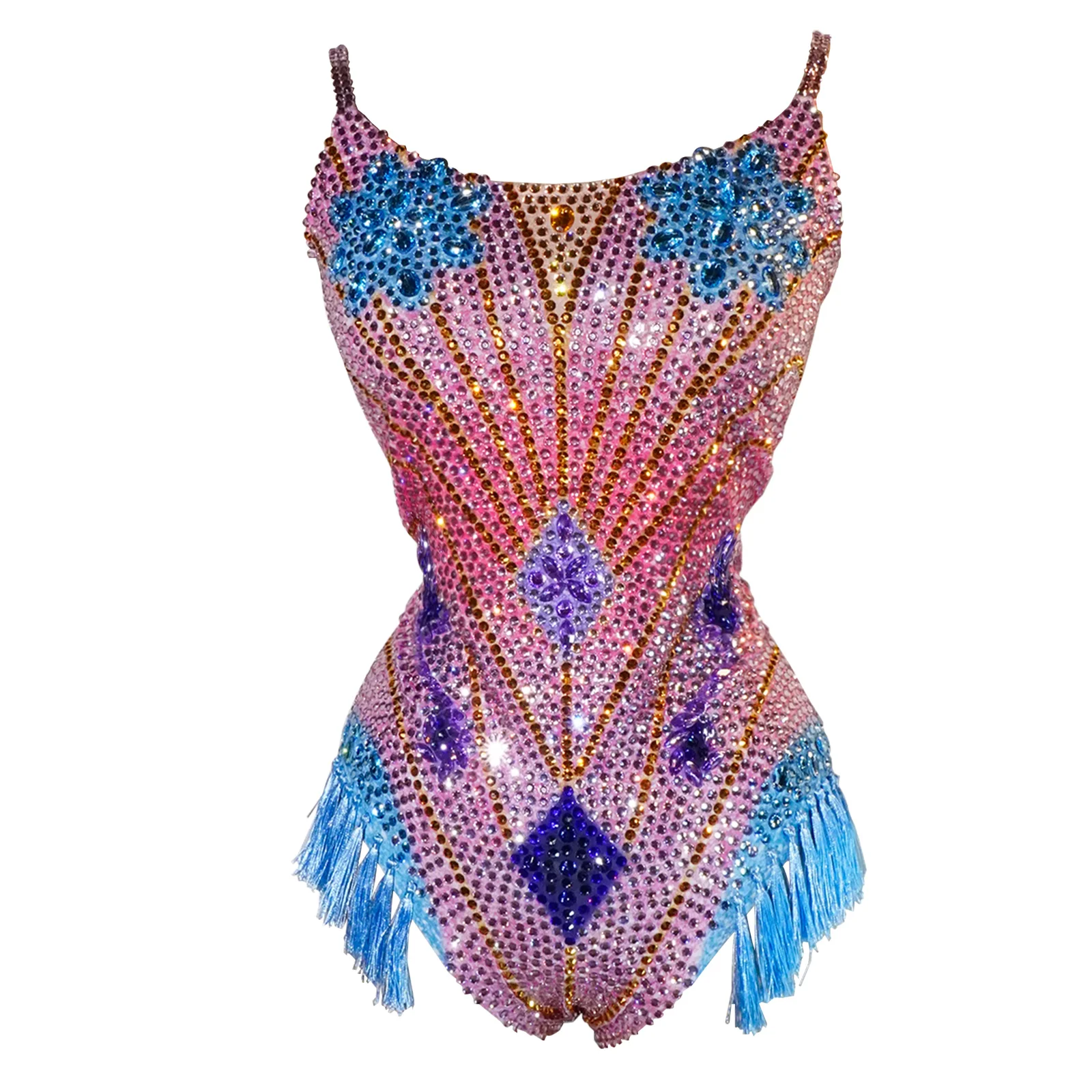 

Fashion Colorful Rhinestones Tassels Sexy Bodysuit Women Adult Dance Stage Outfits Female Singer Prom Party Performance Costumes