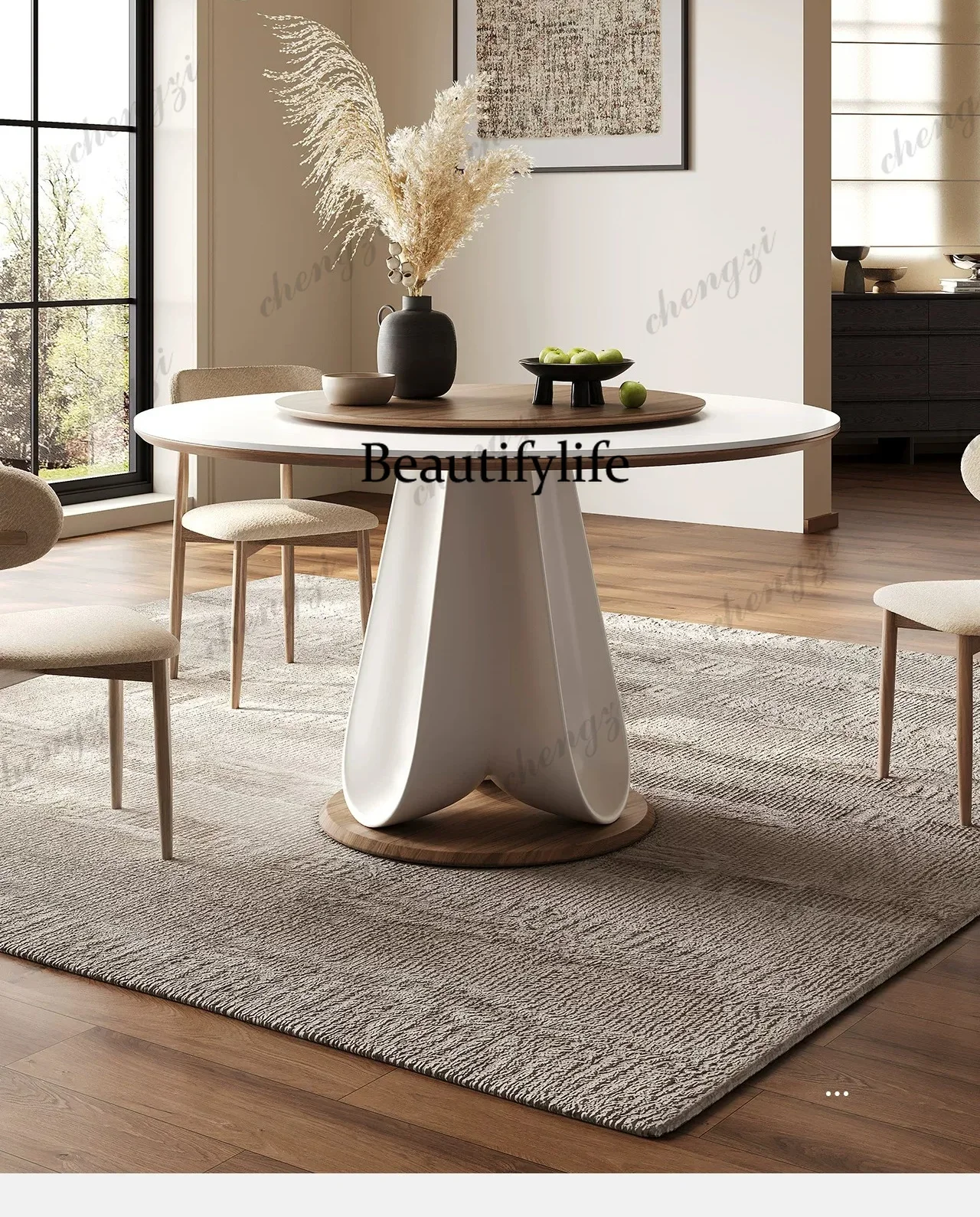 A17 French rock slab round dining table household small apartment medieval cream style high-end restaurant dining table light lu