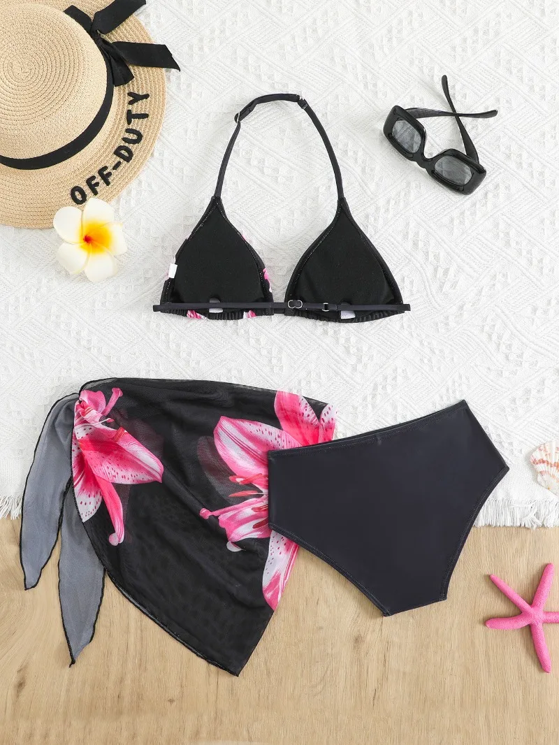 UNITIM Bikini-Anzüge für Mädchen im Alter von 7 bis 16 Jahren, zweiteilige Badeanzüge mit Blumenmuster für den Sommer, Bikini-Badebekleidungsset für Teenager-Mädchen, 3-teilige Badeanzüge – Detail 2