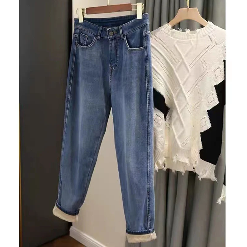 

Осень-зима, эластичные джинсы-шаровары больших размеров на флисовой подкладке для женщин, свободные утягивающие прямые джинсы для папы, женские джинсовые брюки