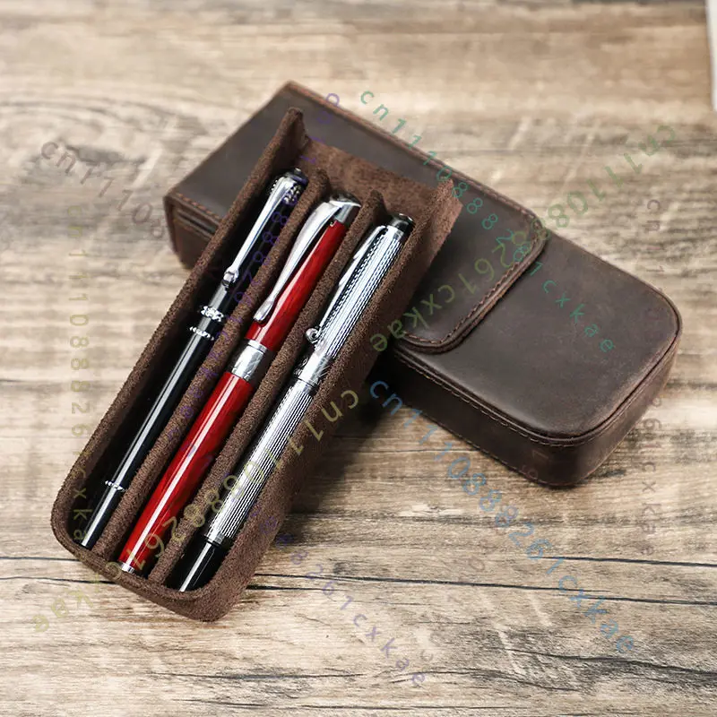 Vintage Crazy Horse Leather Pen Case, Hand‑Made 3‑Slots Fountain Pen Display Storage Pouch Dust Proof Bag