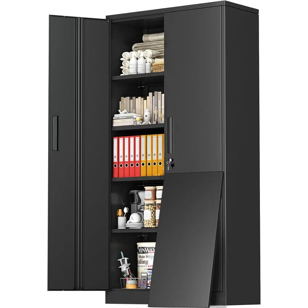 

72 Inch Tall Black Metal Storage Cabinet with Lockable Doors and Adjustable Shelves for Home, Office, and Classroom Use
