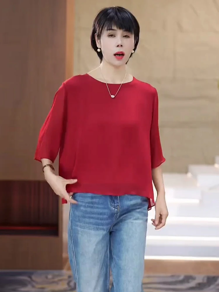 Camiseta de Verano para Mujer, Estilo Coreano, Talla Grande, Color Slimming, Cuello Redondo, Versátil y Cómoda