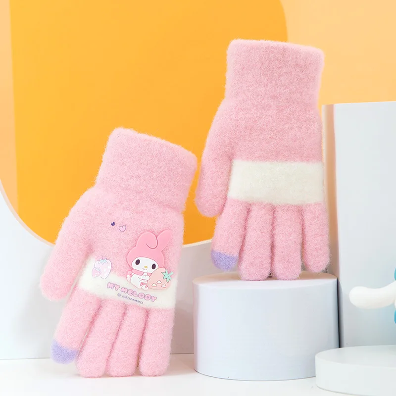 Kuromi Child Gloves Cartoon Full Finger Sanrios Cinnamoroll My Melody Autumn Winter Keep Warm Boy Girl Student Boy Girl Student