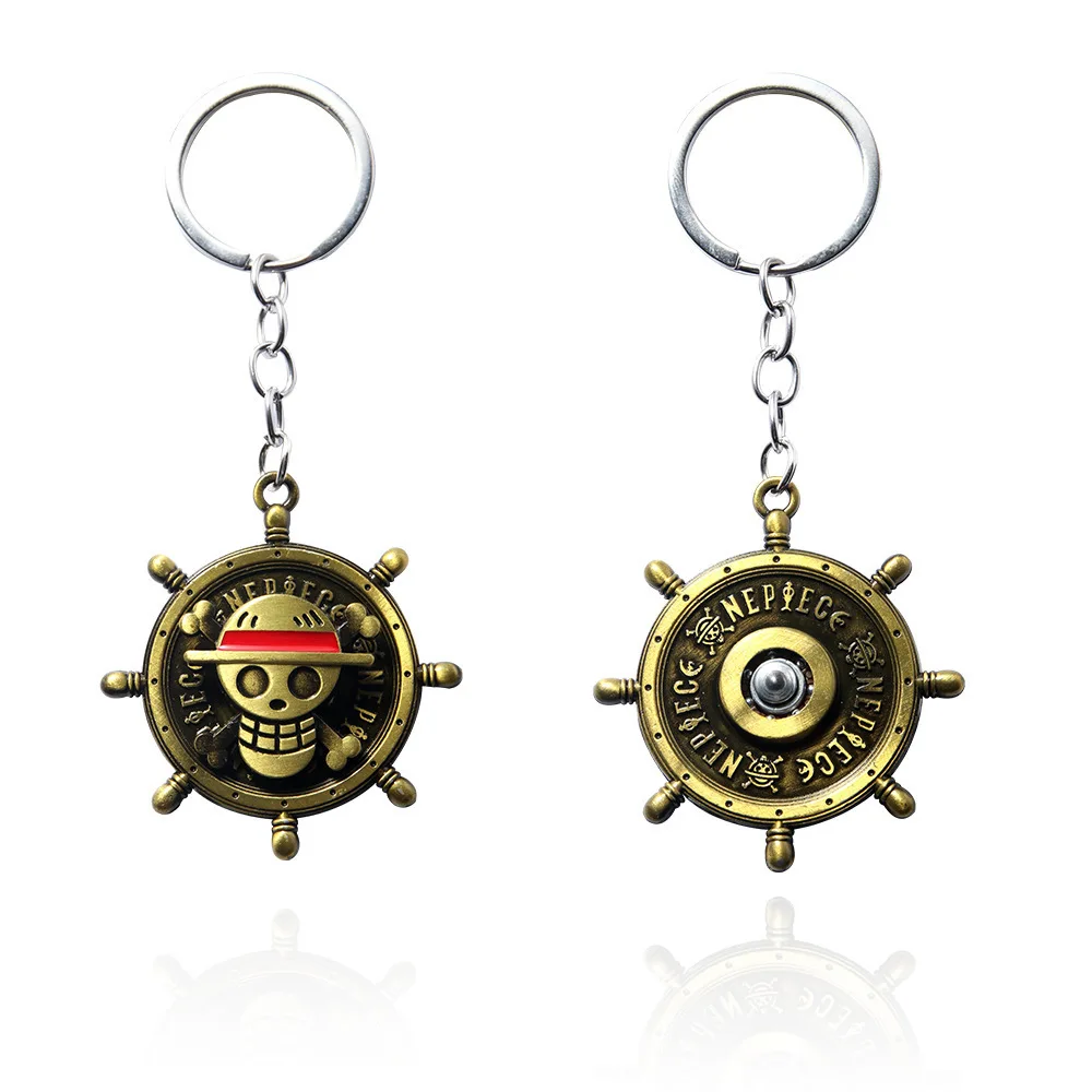 Anime One Piece Rotatable Ship Wheel Keychain Straw Hat Pirates Skull Metal Key Ring Bag Pendant Cosplay Fans Gift