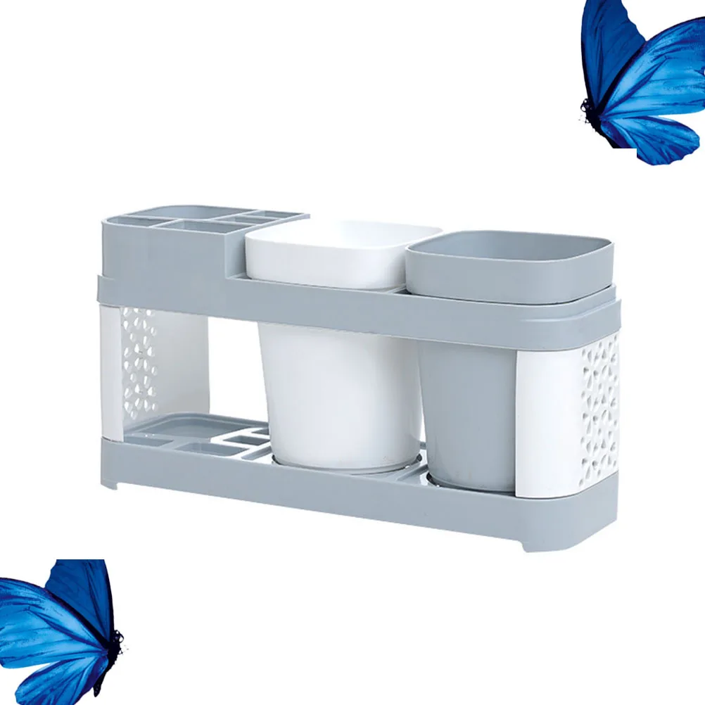 حامل فرشاة الأسنان، رمادي أبيض، منظم حمام متعدد الوظائف لسطح المكتب، رف كوب بلاستيكي للاستخدام المنزلي للأزواج، آمن من البولي بروبيلين