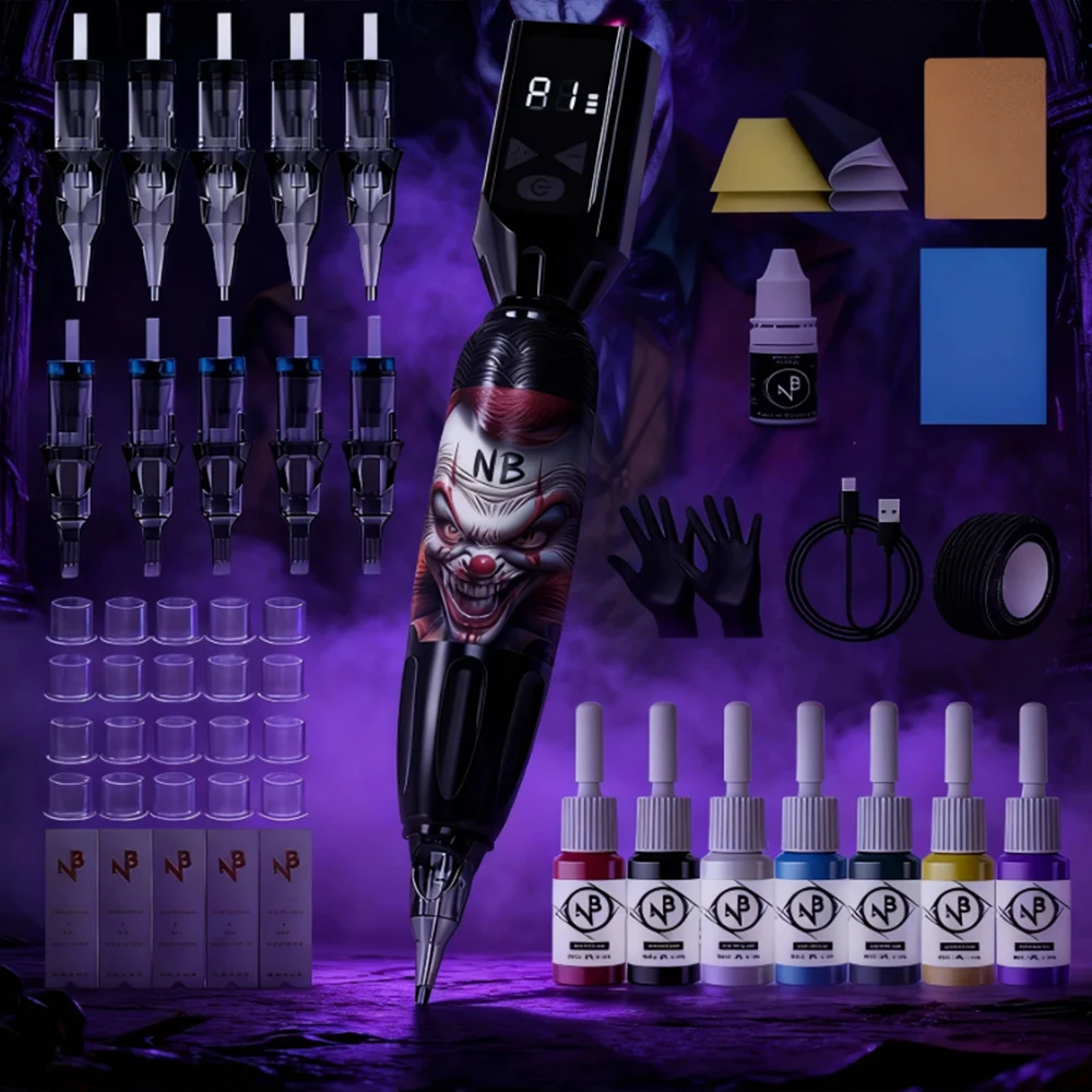 Tattoo Pen Rotary Tattoo Machine Starter Pack Built-In 1100Mah Rechargeable Battery Comes with Tattoo Cartridge Needles, 7-Color Ink & Complete Tattoo Accessories