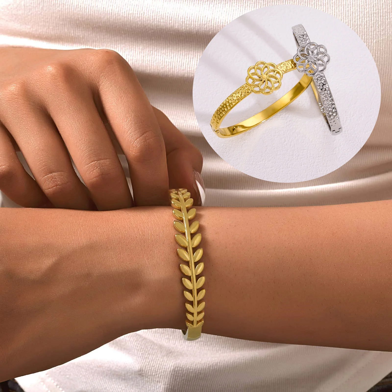 

Fashion Simple Stainless Steel Jewelry PVD Gold Plated Waterproof Geometric Leaf Flower Cuff Bangle Bracelet for Women