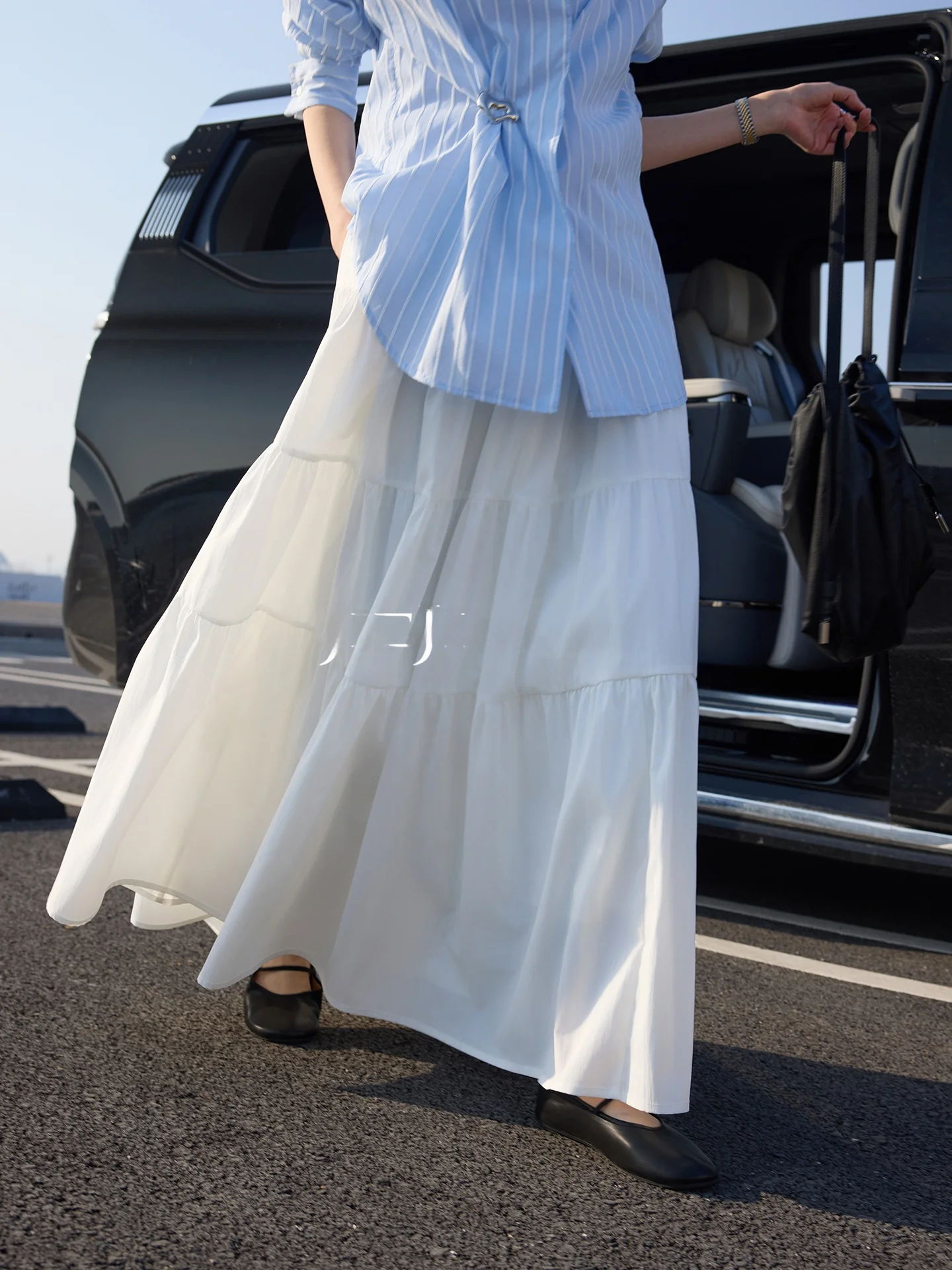 

JIEJI Zhang Qi Spring White Four Section Spliced Women's Elastic Waist Simple Drop Cake Skirt Casual mid Waist A-Line Skirt