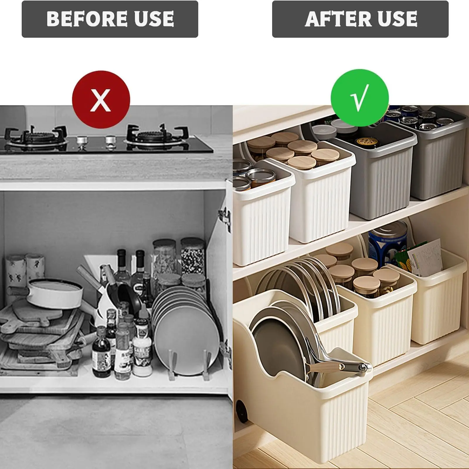 Rolling Kitchen Cart Island Trolley PP Plastic Pull-Out Storage Bin with Wheels 3 Pack Beige image 3