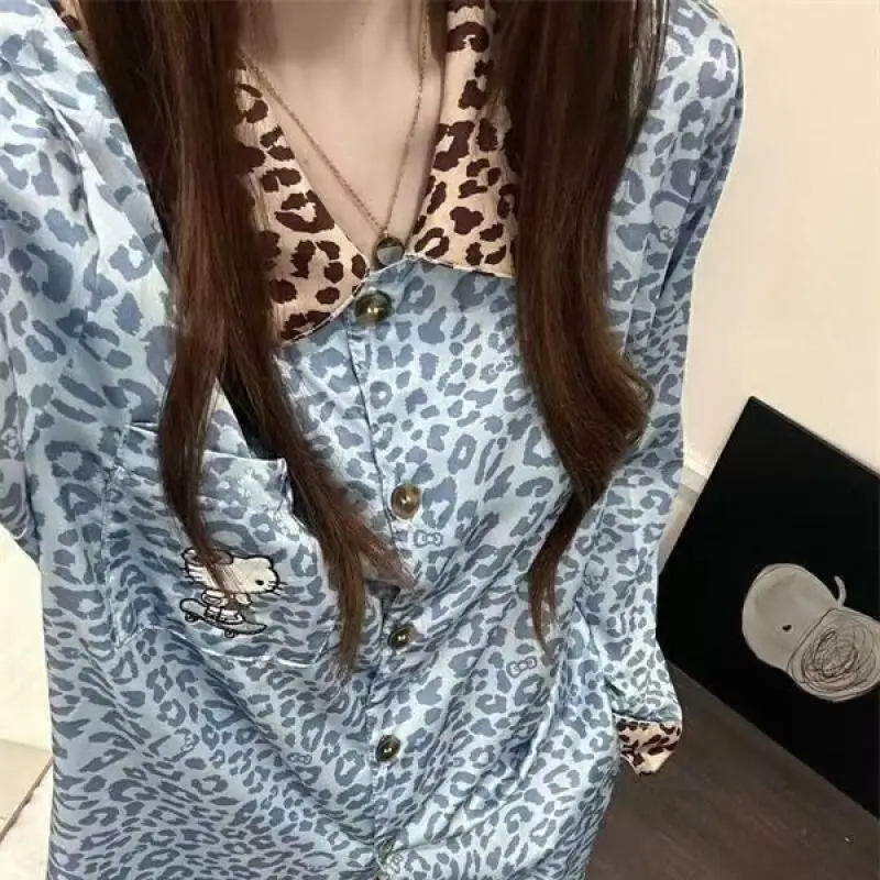 Pajama Suit Hello Kitty Blue Leopard Print New Female Spring Autumn Long-Sleeved Trousers Ins Suit Beautiful Girl Home Clothes