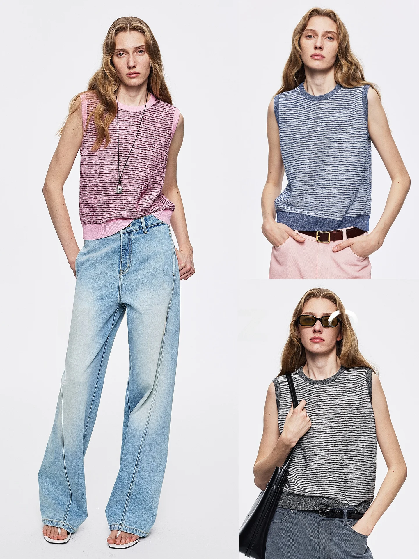 

UZZO Knitted Wool Linen Sleeveless round Neck Vest Striped Texture Beautiful Wool Blend Soft Comfortable Daily Wear for Women