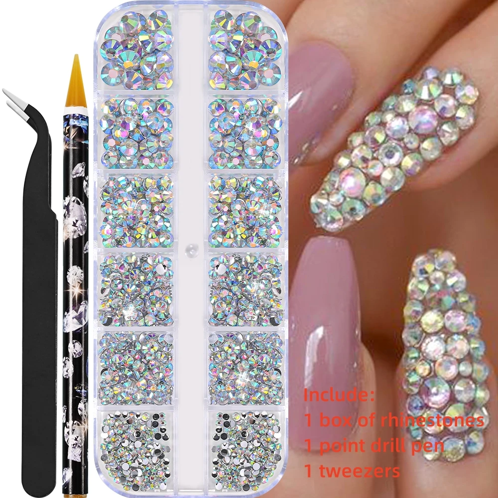12Gird 3D Glas AB Kristall Nail Art Strass Kit Flatback Runde Perle Charm Edelsteine Schmuck Diamant mit Werkzeugen für Nail Art