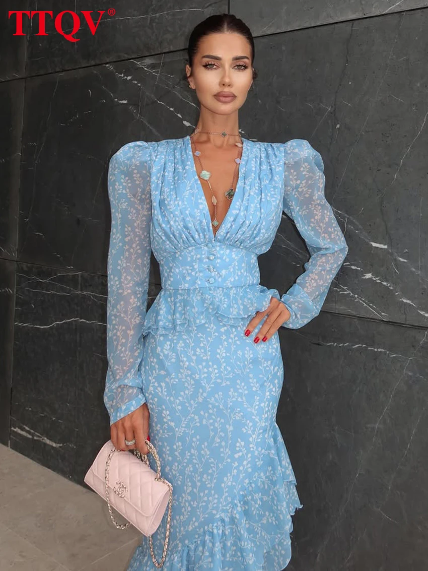 TTQV Fashion Slim Print Women's 2-Piece Sets 2026 Sexy Long Sleeve Crop Top With High Waist Long Skirt Set Female Clothing image 3