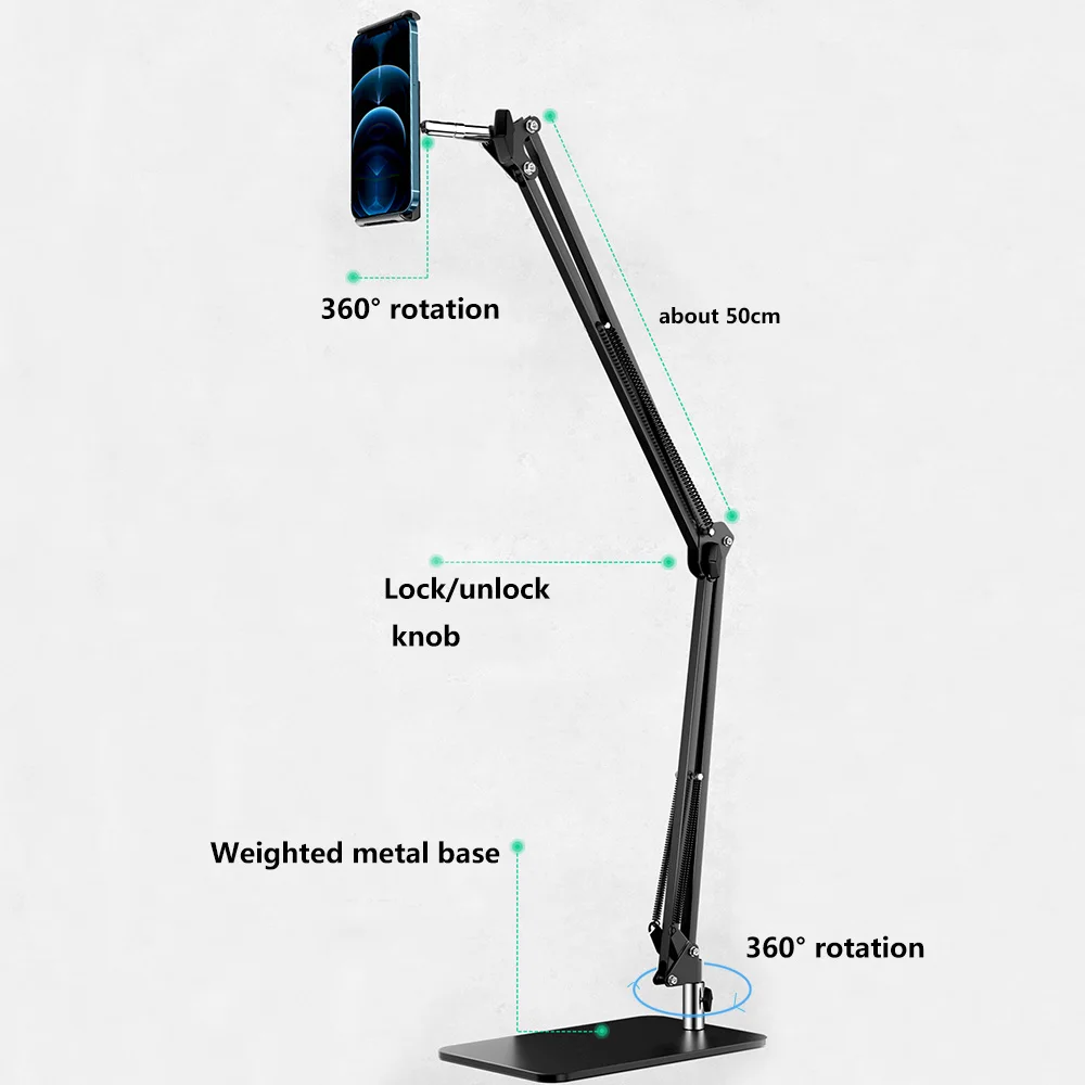 เหล็กคาร์บอนถ่วงน้ําหนักพับแขนยืน Ball Head Mount Holder สําหรับ iPhone Huawei Xiaomi โทรศัพท์มือถือ iPad 12.9in แท็บเล็ต PC