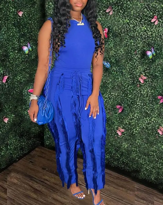 

Womens Outifits Summer Casual Two Piece Sets O-Neck Sleeveless Tank Top & Tassel Decor Drawstring Long Pants Set Without Belt