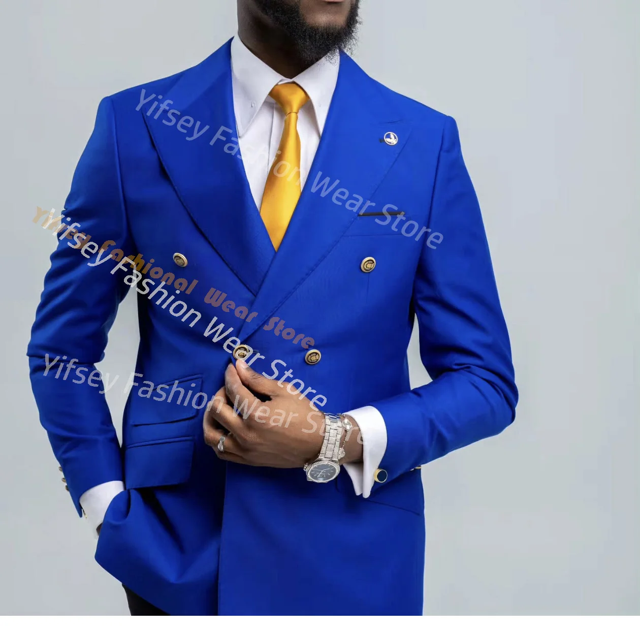 

Костюм-двойка мужской: пиджак королевского синего цвета и брюки черного цвета, свадебный, нарядный, пошитый на заказ, для торжественных мероприятий