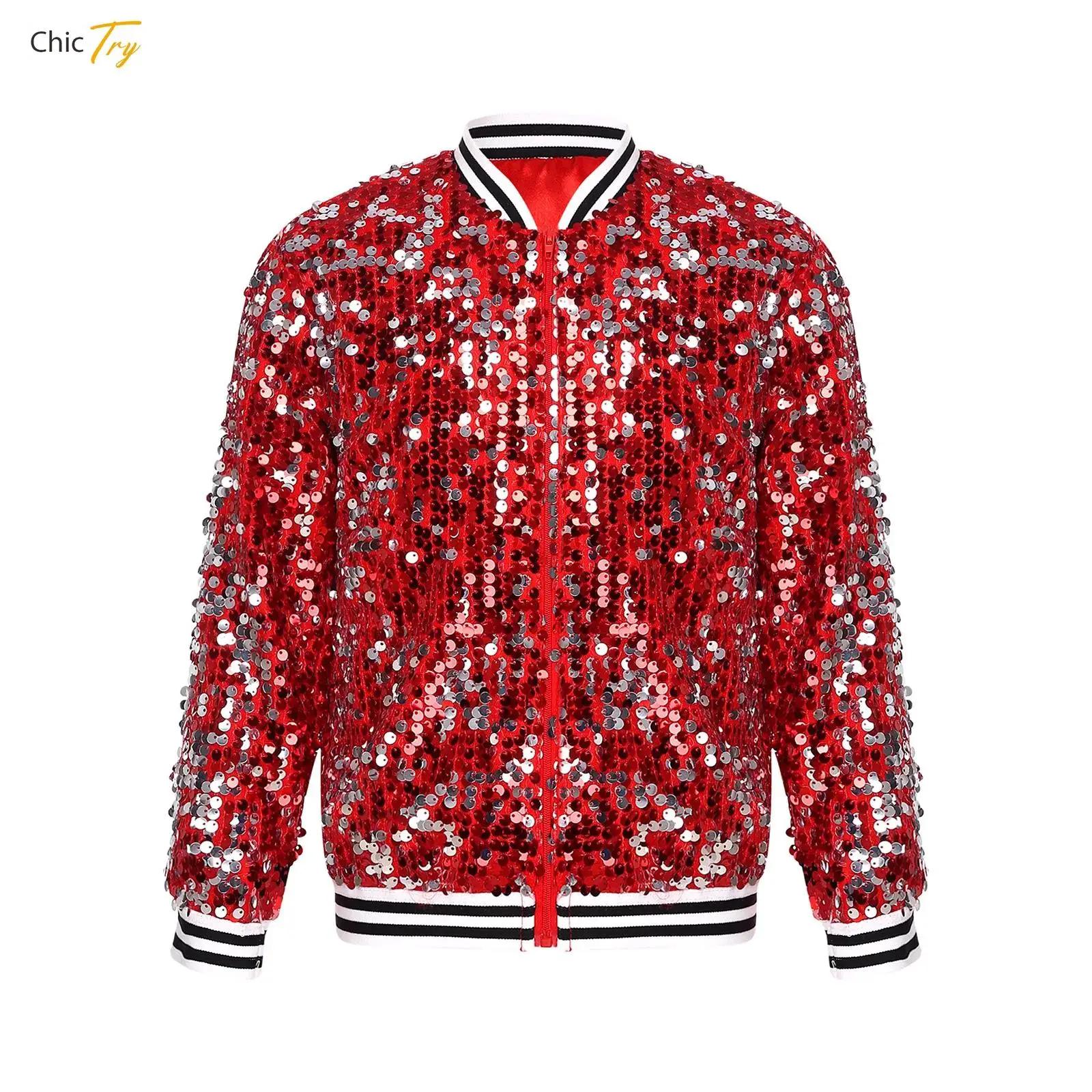 Kids Girls Shiny Sequins Hip Hop Jazz Dance Costume Long Sleeve Baseball Jackets Zipper Coat Carnival Bomber Jackets Streetwear - view 3