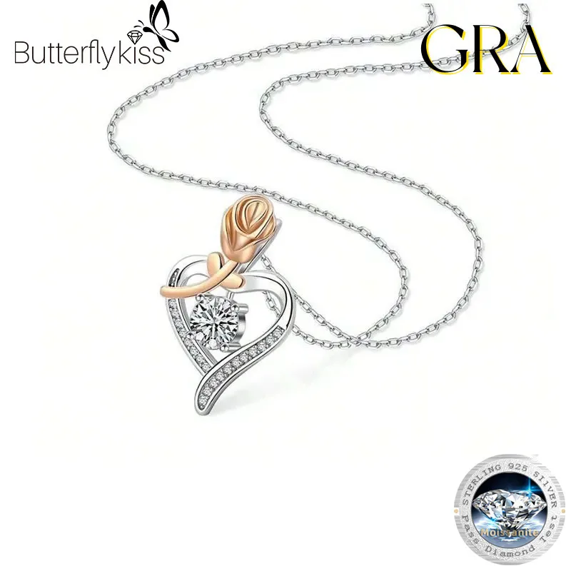 

Butterflykiss Luxury Rose Flower Moissanite Necklace 6.5mm 1CT 100% Sterling Silver Rose Gold Plated Woman Jewelry Gift For Girl