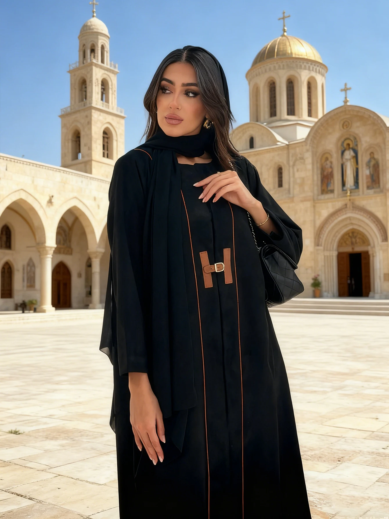 One Piece Dubai Elegant Black Open Abaya for Muslim Women -2026 Fashion Leather Belted Long abaya Islamic Modest Fashion