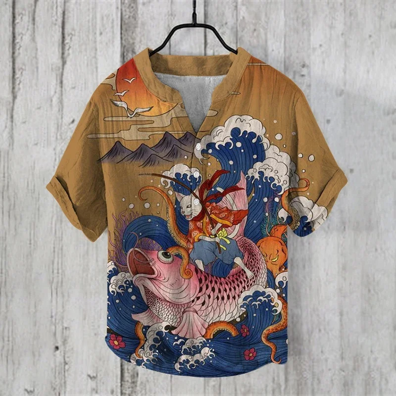 Beach Sunset Scenery Tree and Armor Walker Hawaiian Print Short sleeved Shirt with S-5XL