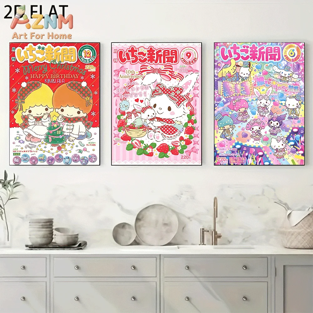 AZNM Sanrio Little Twin Stars Canvas Wall Art Unframed Cute Cartoon Magazine Cover Christmas Strawberry Theme Print Painting Bed