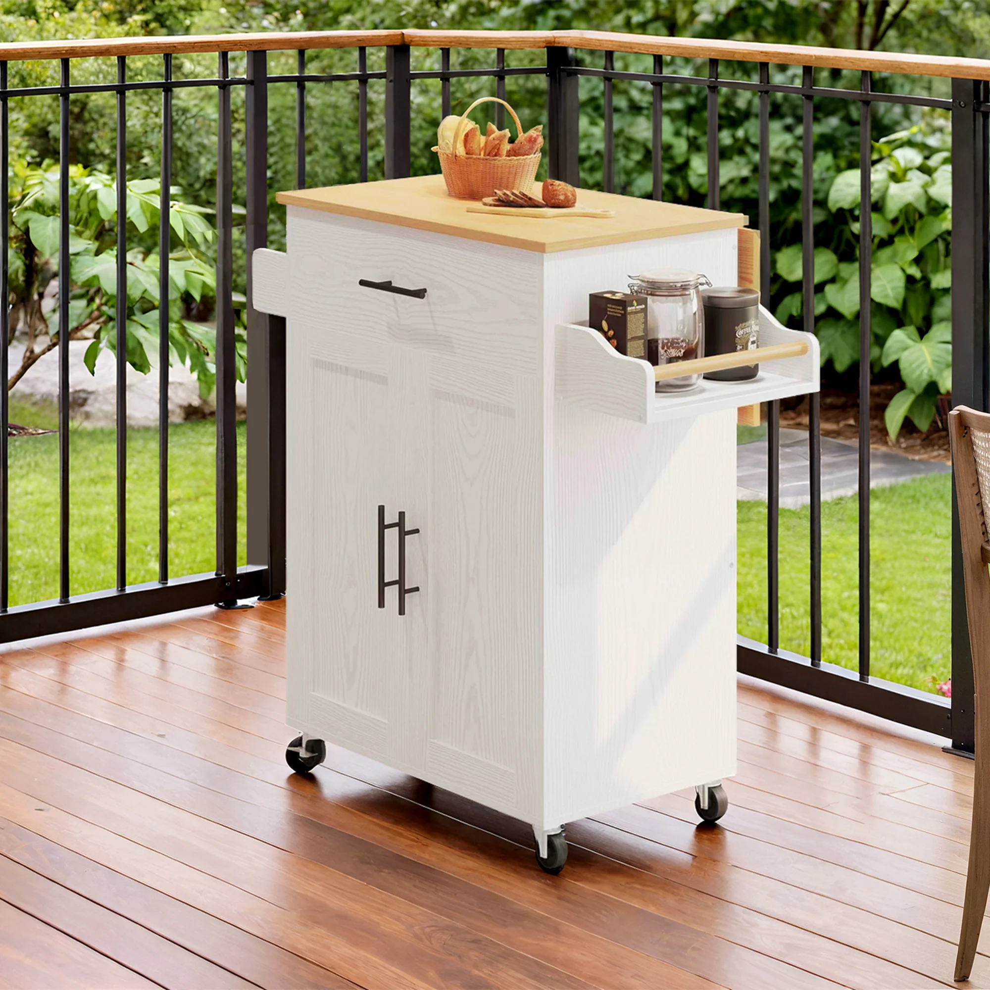 IRONCK Rolling Kitchen Island Table On Wheels With Drop Leaf, Drawer, Spice, Towel Rack, Small Mobile Trolley For Kitchen, White