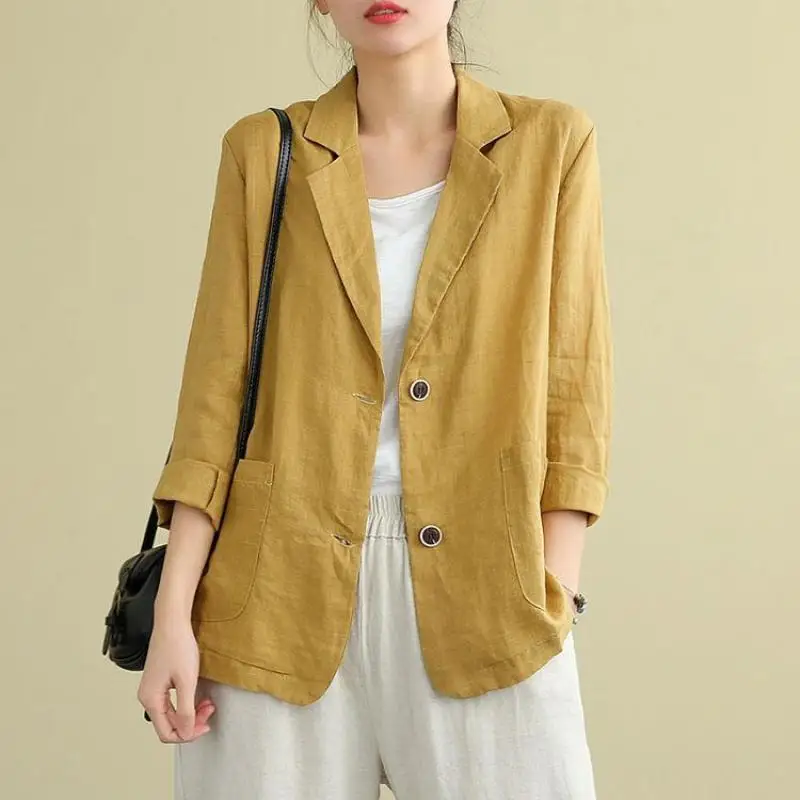 Women Cotton and Linen Blazer Jacket Solid Fashion 2024 Lapel Collar Suit Coat Long Sleeves Korean Loose Office Lady Outwear