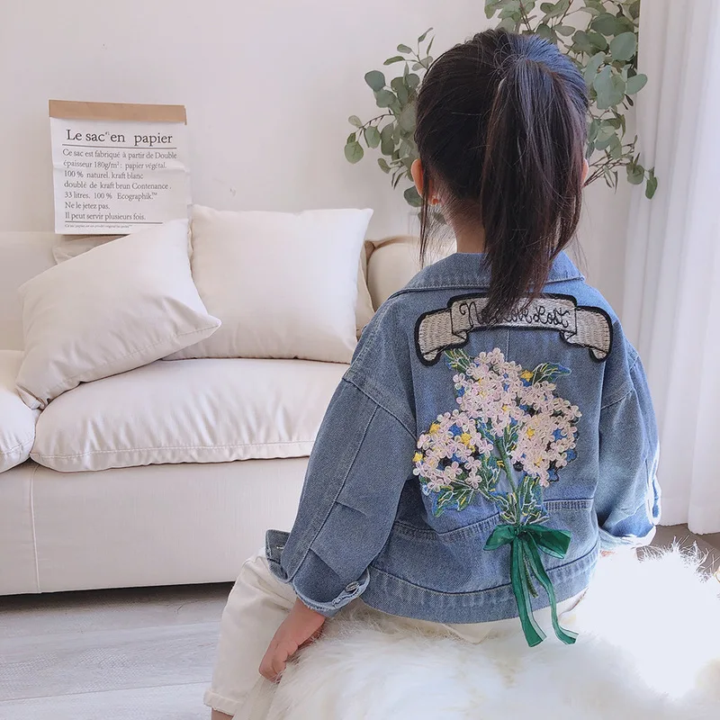 2026 Spring Autumn Girls Lovely Comfortable Retro Flowers Jeans Coats Children Personality Fashion Turn-down Collar Denim Jacket