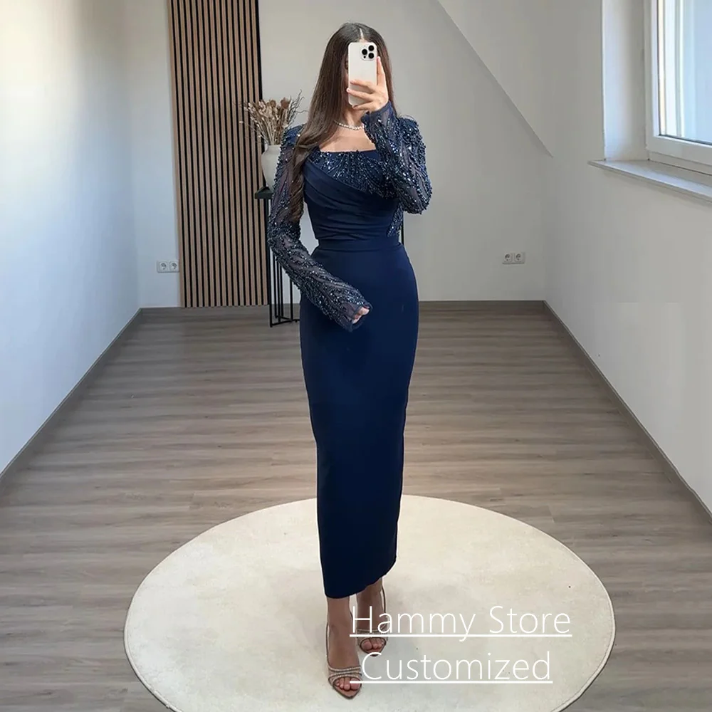 Red Evening Dress Customized Long Sleeves Square Neck Beading Pearls Ankle Length Arabian Prom Gown Cocktail Party Dresses