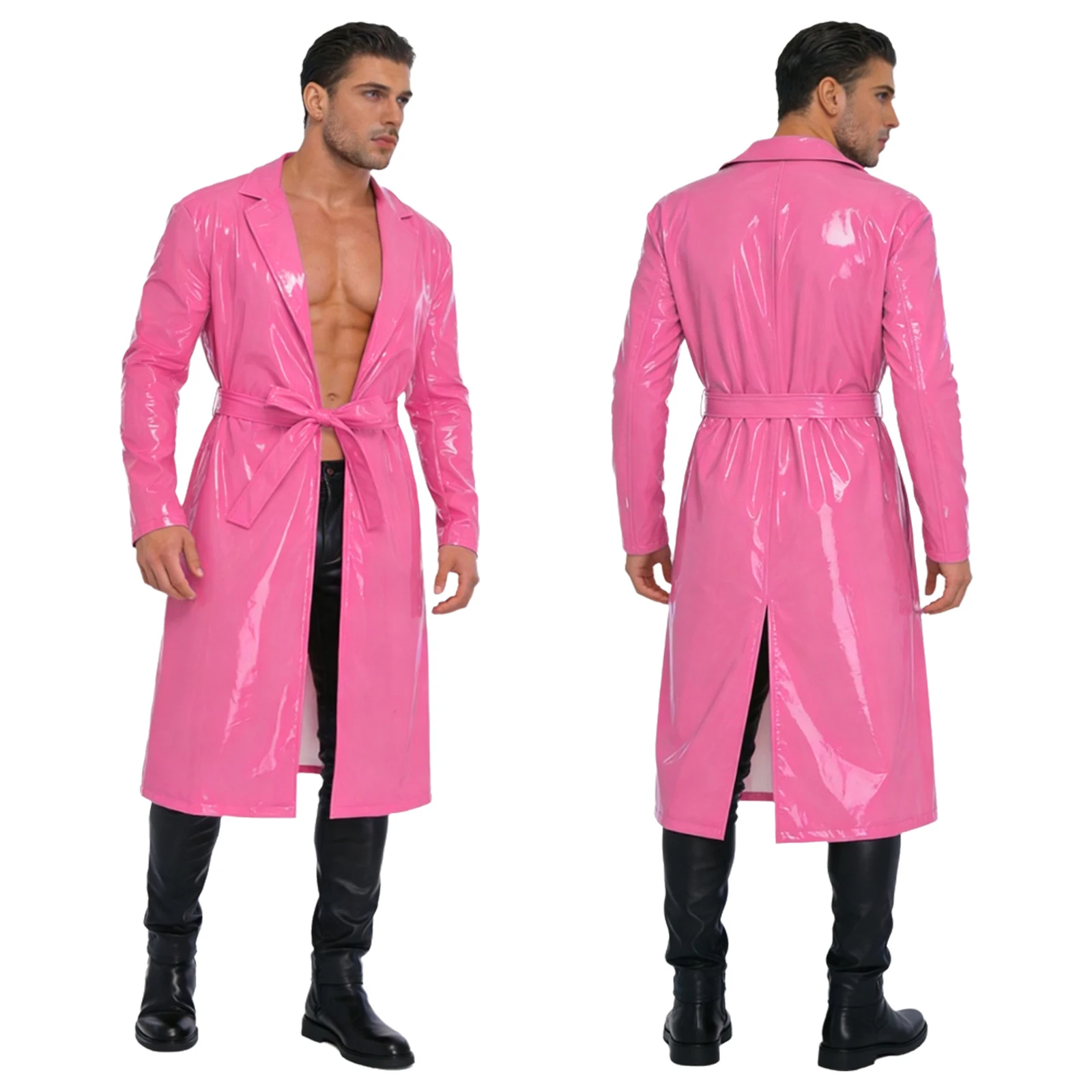 

Men High Look PU Leather Long Trench Coat Open Front Shiny Glossy Jackets with Belt for Street Vacation Party Raves Costumes