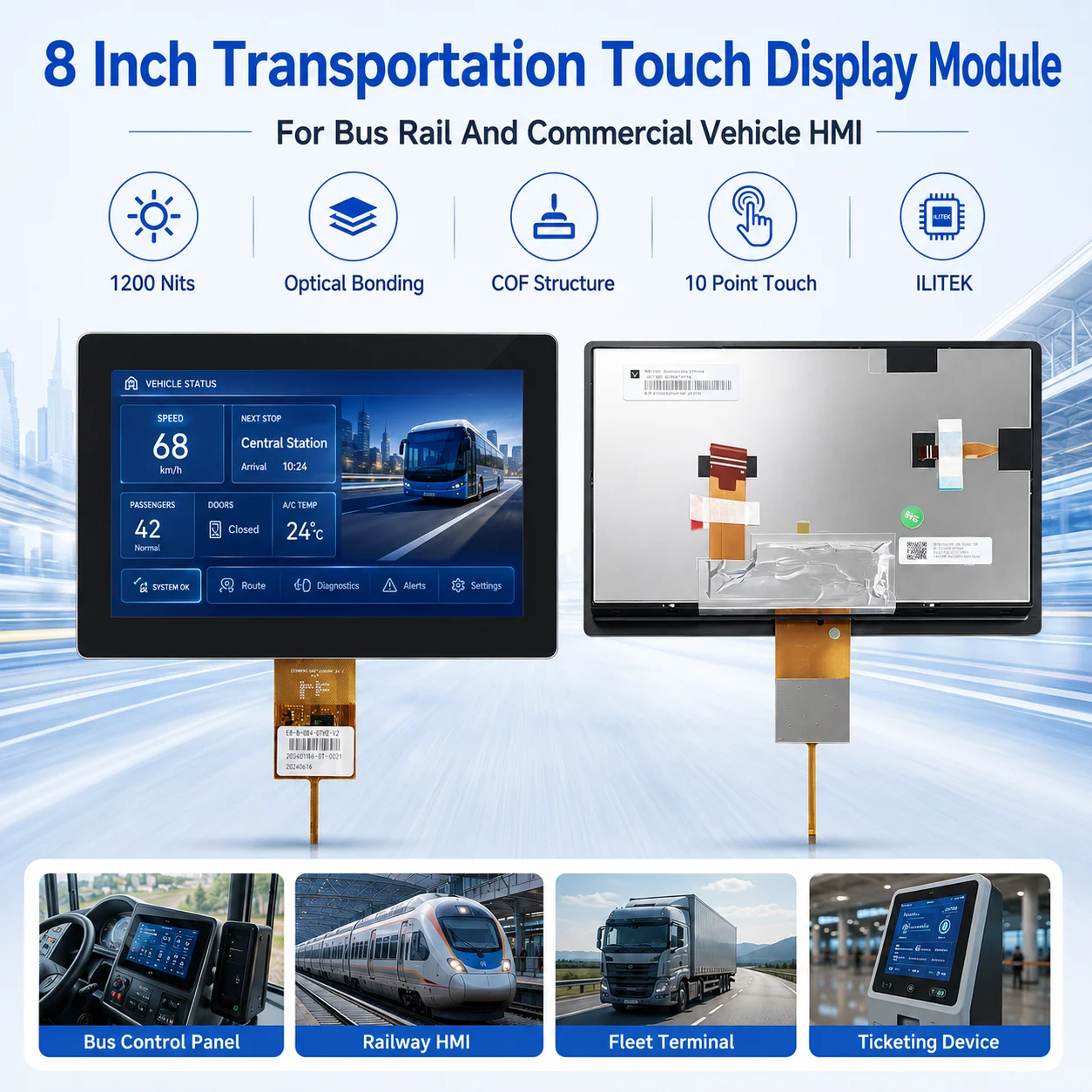 8 Inch 1200Nits Touch Screen Module Optical Bonding COF HMI Touch Wide Temperature 30Pin LVDS LCD Display for Transportation