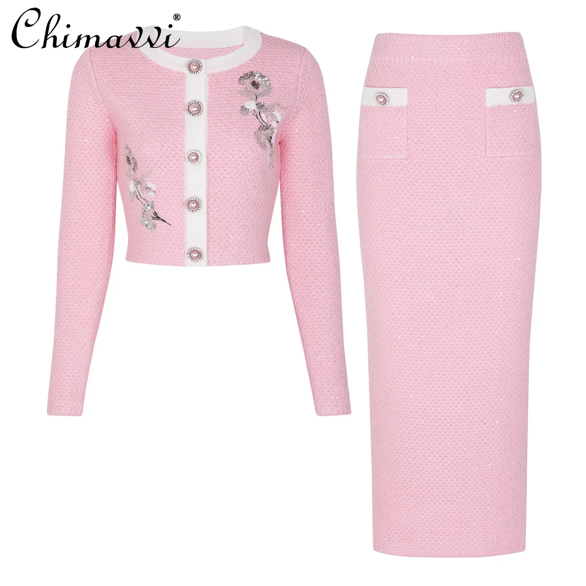

2025 Autumn Clothes New Heavy Fashion Long Sleeve Short Knitted Top Jacket and Skirt Set Elegant Women's Two-Piece Set