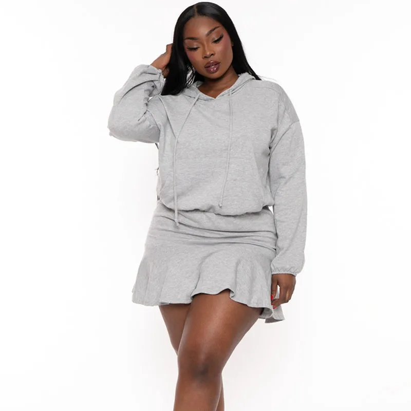 

Doyerl однотонная повседневная осенняя одежда женский комплект из двух предметов спортивный фитнес-тренировки толстовка с капюшоном и мини-юбка с длинными рукавами
