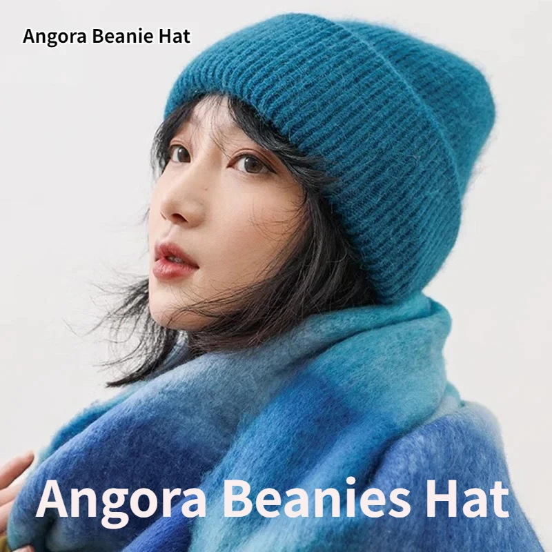 2024  Fluffy Angora Beanies Soft Warm Winter Hat Woman Rabbit Fur Knitted  Cold SKI wool Beanie Female fashion Bonnet Rabbit Rur