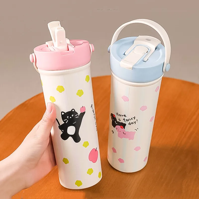 

600ml Cartoon Stainless Steel 316 Thermal Flask With Straw Cute Portable Coffee Tea Cold Drink Bottle WIth Handle Travel Tumbler